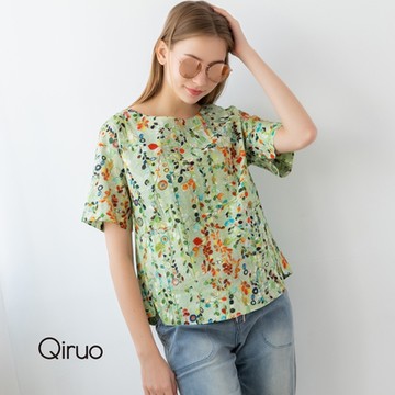 【Qiruo 奇若名品】春夏綠底碎花精品精梳棉上衣(清新涼夏出門旅遊 涼上衣3266A)