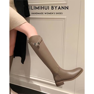 【一力米灰】英倫風時尚斜口加絨不過膝長靴女秋冬粗跟高筒騎士靴