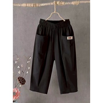 WP|日系棉麻七分褲 女夏季寬鬆大尺碼 亞麻鬆緊腰小腳哈倫褲 百搭休閒褲