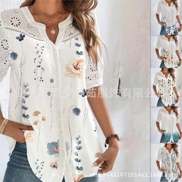 2023外貿新款時尚排扣翻領短袖襯衣女