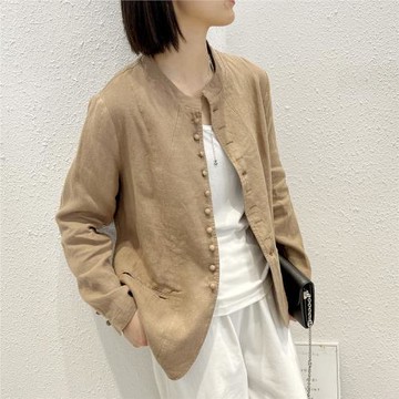 春秋女式棉麻外套長袖圓領薄開衫亞麻襯衫女休閑襯衣禪意上衣女士