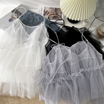 法式蝴蝶結綁帶疊穿薄紗