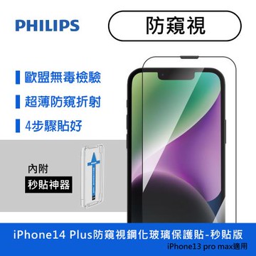 【Philips 飛利浦】iPhone 14 Plus 6.7吋 防窺視9H鋼化玻璃保護貼  保貼-秒貼版 (DLK5503/11)