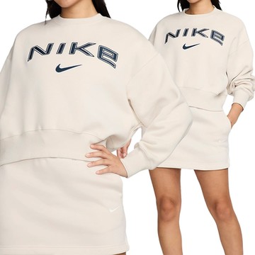 Nike PHNX FLC OOS 女款 米色 運動 短版 內刷毛 大學T 休閒 刺繡 圓領 長袖 FV7675-104