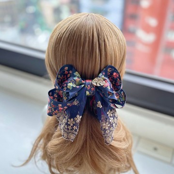 獨家蕾絲蝴蝶結相交夾香蕉夾仙女夾髮夾-古風藏青色