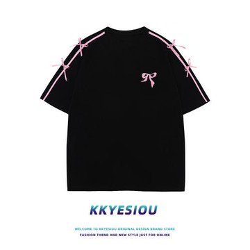 KKyesiou系帶設計感甜美蝴蝶短袖T恤男女日系學院風百搭情侶上衣