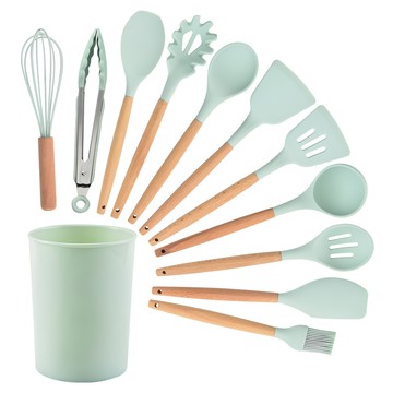 SUNORO 日式木柄矽膠廚具12件組  漏鏟 + 鍋鏟 + 刮刀 + 飯勺 + 平頭勺 + 漏勺 + 湯勺 + 撈面勺 + 油刷 + 打蛋器 + 食物夾 + 收納桶  1組  綠色