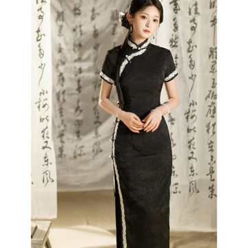 羅蘭春夏黑色長款改良修身旗袍復古氣質民國風優雅媽媽顯瘦連衣裙