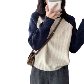 慵懶風撞色拼接圓領套頭毛衣女2025年秋冬新款寬松加厚針織打底衫