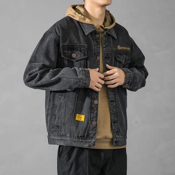 黑灰色牛仔外套男士春秋季新款潮牌休閑工裝上衣男生百搭翻領夾克