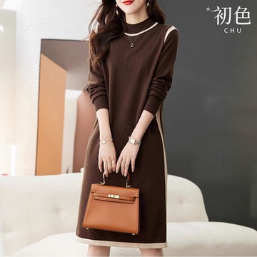 初色 通勤純色顯瘦線條半高領腰帶針織長袖毛衣裙連衣裙連身洋裝-共4色-38888(F可選)