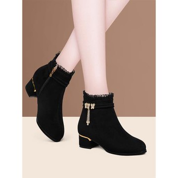 2025新款秋冬季加絨真皮馬丁靴短靴黑色高跟鞋粗跟瘦瘦靴中跟女靴