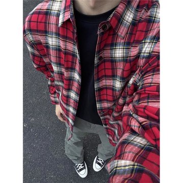 紅色格子襯衫男春秋款美式復古格紋長袖秋衣高級感痞帥襯衣外套