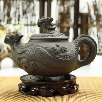 正宗紫砂壺三腳高龍壺浮雕大花茶壺霸王龍潮州功夫泥壺300ml博古