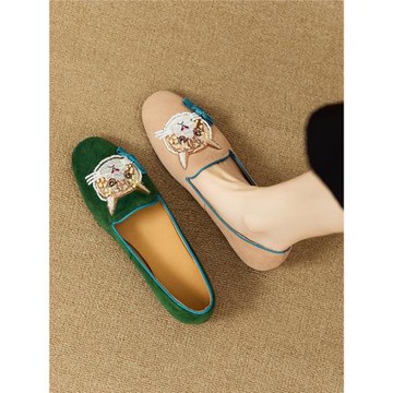 2025年新款可愛刺繡軟底深口單鞋圓頭豆豆鞋真皮復古平底樂福鞋女