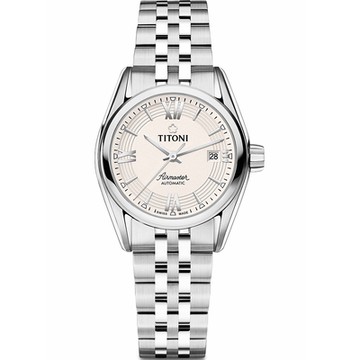 TITONI 梅花錶 官方授權  空中霸王系列 經典羅馬鋼帶機械腕錶-米色面-女錶-(23909S-342)27mm