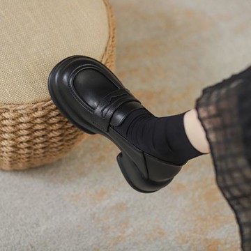 真皮英倫風小皮鞋女2024秋冬新款百搭厚底樂福鞋小個子內增高單鞋