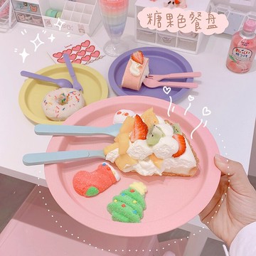 *一人食圓餐盤風簡約馬卡龍可愛餐具盤子勺子叉子套裝
