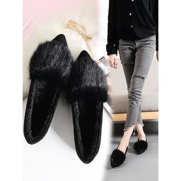 香港毛毛鞋女冬外穿2024新款棉瓢鞋真皮一腳蹬單鞋平底百搭豆豆鞋