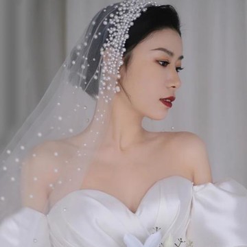 新娘頭紗珍珠新款日韓中長款時尚大氣超仙遮面紗結婚影樓造型配飾