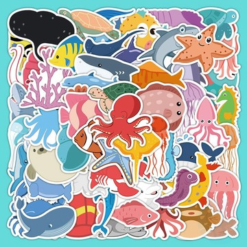 🔥買100張送100張🔥海洋世界貼紙 水族館貼紙 海洋生物貼紙 鯊魚貼紙 海豚螃蟹貼紙 獎勵貼紙 DIY手賬貼紙