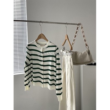 香蕉芭那那定制 顏值代表~撞色條紋針織衫女春秋薄款開衫外套上衣