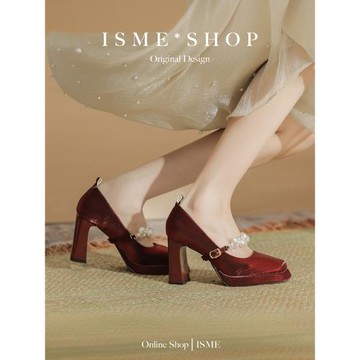 鏈條方頭高跟鞋粗跟婚鞋女搭扣伴娘防水臺瑪麗珍珍珠綢緞網紅OL新