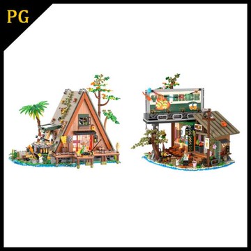 磚也積木小顆粒6028、6032森林木屋碼頭酒吧拼裝擺件益智玩具批發