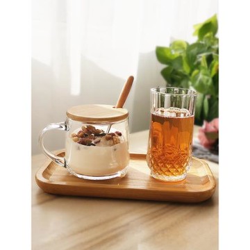 玻璃杯ins花茶杯早餐杯帶蓋勺牛奶杯家用咖啡啤酒杯托盤套裝簡約