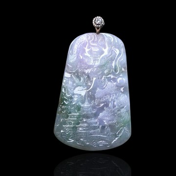 冰種春帶彩翡翠神龍山水牌項鍊 | 天然緬甸玉翡翠A貨 | 送禮