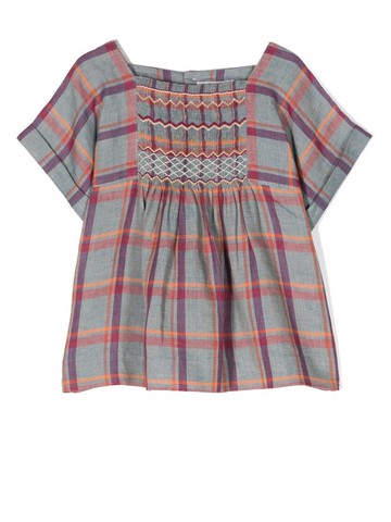 Bonpoint - check-pattern short-sleeved blouse - kids - Linen/Flax - 4 - Blue
