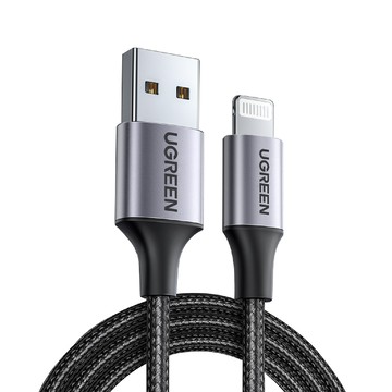 UGREEN iPhone充電線 MFi蘋果官方認證 Lightning對USB連接線 快充 深空灰 金屬編織版 (2 公尺)