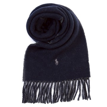 POLO Ralph Lauren刺繡小馬雙色流蘇羊毛混紡圍巾(海軍藍/炭灰)780932-4｜GoBrand購名牌