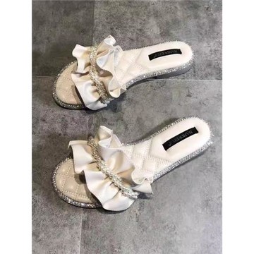 拖鞋女夏外穿2025年新款時尚百搭網紅仙女風珍珠一字拖平底涼拖鞋