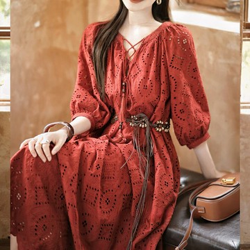 【巴黎精品】現貨+預購 洋裝連身長裙-七分袖鏤空綁帶流蘇穗女裙子a1gp6