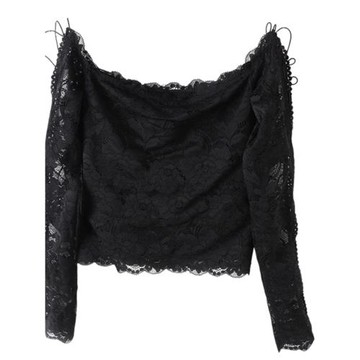 諾諾E站【GS】秋裝 女式一字領時尚性感露肩綁帶蕾絲長袖薄款上衣