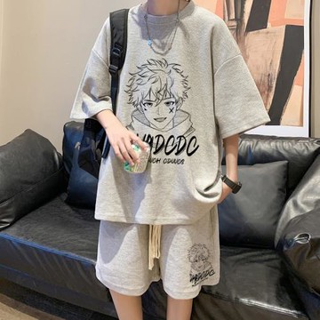 男生大碼華夫格套裝青少年夏季休閑運動短褲短袖T恤男潮牌兩件套