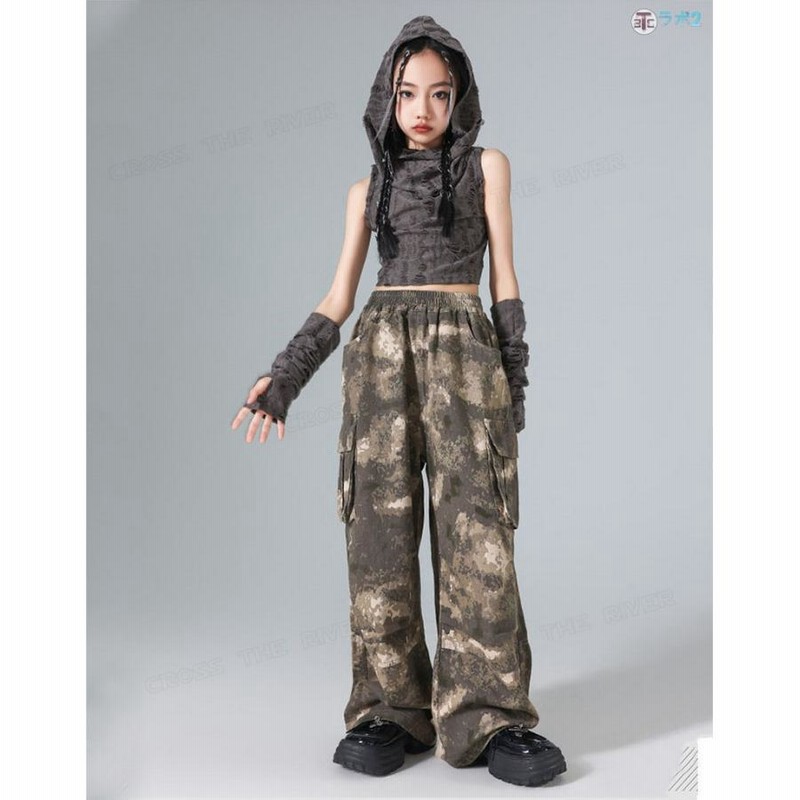 ダンス 衣装 キッズ 黒 トップス 迷彩パンツ セットアップ 韓国