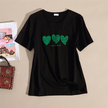 星有光 黑色絲光棉圓領短袖t恤女植絨愛心字母印花上衣打底衫夏季