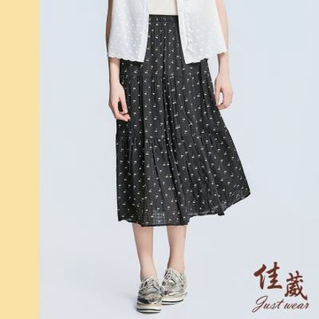 【佳葳Justwear】氣質小黃花壓褶長裙(女下身/女下著/腰頭彈性/裙子/印圖/印花)