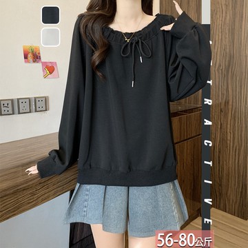 圓領一字肩抽繩綁帶上衣(2色) L-3XL【136063X】【現+預】☆流行前線☆