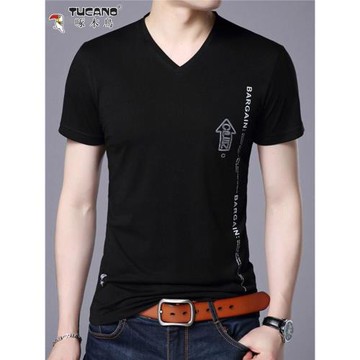 啄木鳥夏季新款男士V領短袖t恤純棉修身純色半袖青年韓版薄款體恤
