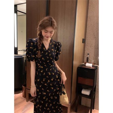 茶歇法式碎花連衣裙女2025夏季時尚氣質通勤印花修身顯瘦中長裙子