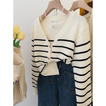 v領黑白條紋針織開衫女外搭春秋軟糯毛衣外套長袖設計感小眾上衣