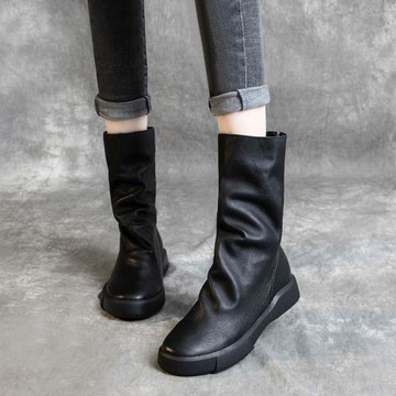 靴子女2025春秋中長款真皮馬丁靴冬季休閑平底單靴百搭復古中筒靴