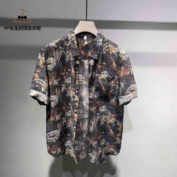 MP先生襯衫 短袖襯衫 花襯衫 襯衫男 休閒襯衫 寬鬆花襯衫 大尺碼襯衫 復古襯衫 夏天上衣 港風潮流純亞麻印花