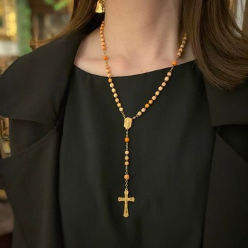 1930s 法國Art Deco 天使肌粉珊瑚 玫瑰玫瑰經十字架念珠項鍊