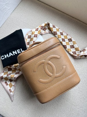 中古包 Vintage Chanel 香奈兒奶茶色直筒化妝箱