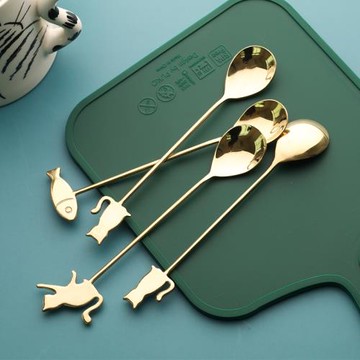 創意甜品勺小貓勺小魚勺 304不銹鋼卡通勺子短柄甜品攪拌勺咖啡勺