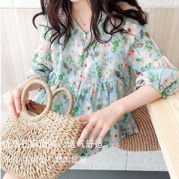 娃娃衫上衣寬松a字甜美洋氣蓬蓬氣質碎花棉麻襯衫女中袖百搭薄韓版夏新款【倪醬】